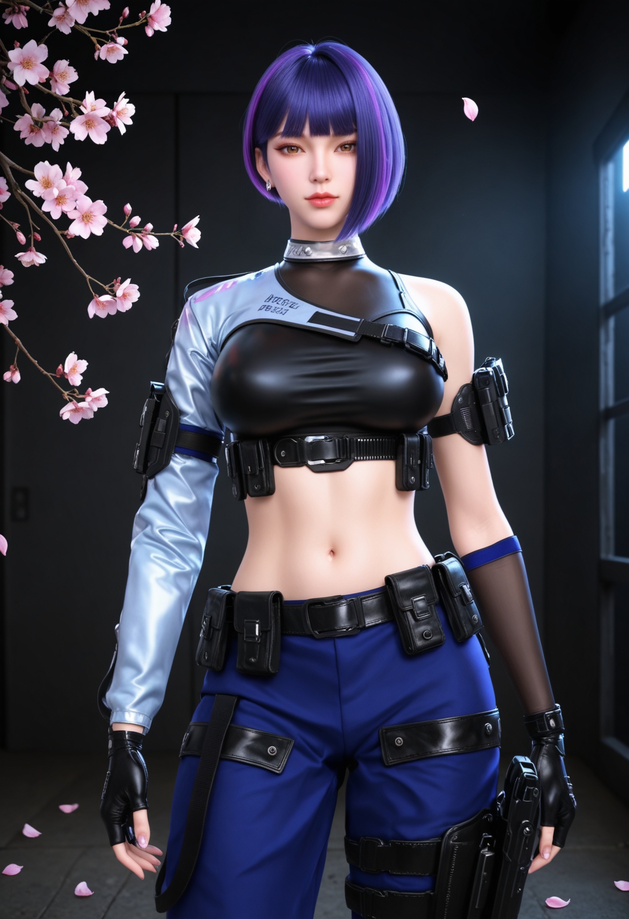 (cowboy shot:1.2),(gigantic breasts:0.6),Perky boobs,(looking at viewer:1.1),facing viewer,direct gaze,(masterpiece:1.1),(best quality:1.2),(intricate details),(smog:1.3),(Dark room:1.3),(dim lighting:1.3),peach blossom,falling petals,<lora:YQ_Illustrious光辉v5_雨墨_V1:0.8>,1girl,q1528437228,solo,short hair,purple hair,crop top,gloves,pants,belt,boots,holster,blunt bangs,police uniform,multicolored hair,jewelry,earrings,belt pouch,brown eyes,knee pads,thigh holster,masterpiece,(best quality),(intricate details:0.9) BREAK (intricate details:0.9),(realistic skin:1.2),masterpiece,best quality,newest,absurdres,hiahres,