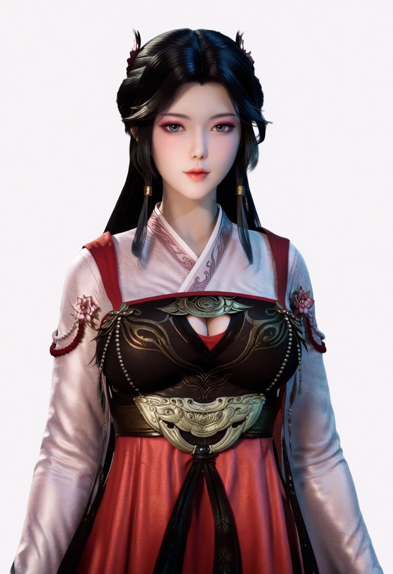 score_9,<lora:SF_LingYuXiu_Pony_Realism2.3-000004:0.7>,hair ornament,black hair,dress,long hair,lips,makeup,1girl,large breasts,hanfu,chinese clothes, solo,looking at viewer,white background,simple background,