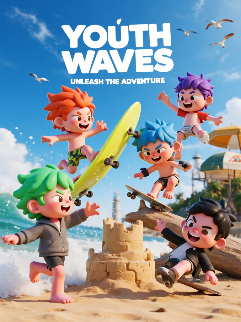 A vibrant 3D character design key visual poster for a commercial youth adventure IP,  featuring a unified universe of chib...