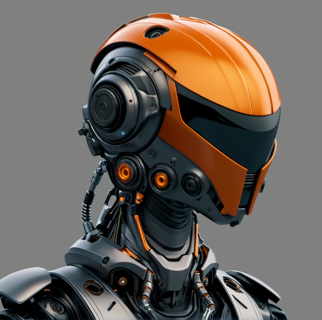 science fiction, solo, robot, from side, helmet, portrait, no humans, robot head, close-up, mechanical design, futuristic, orange color, intricate details, high-tech, artificial intelligence, metallic textures, cybernetic organism, film-styled, sci-fi aesthetic, cool tones, metallic sheen, mechanical parts, concept art, advanced technology, humanoid robot, dynamic angle, grey background ,<lora:机甲-000002:0.6>