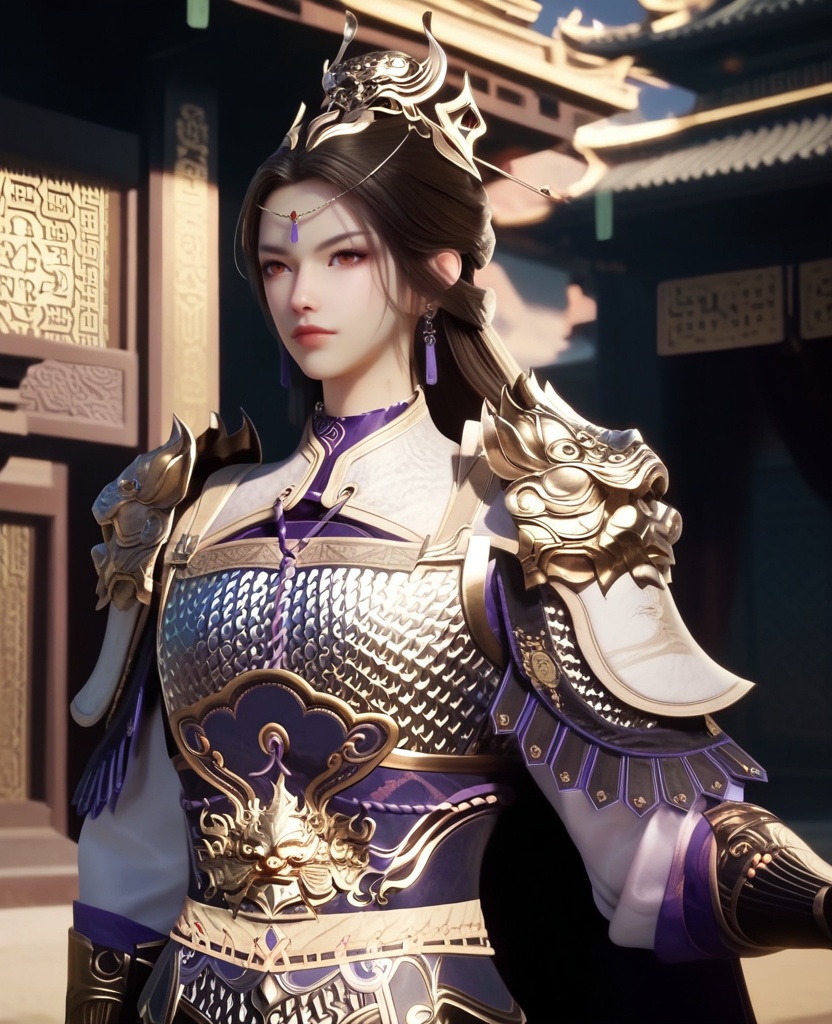 (oriental architecture, elegant decor, sophisticated style:1.1),(Parkour:1.1),(breasts:1.2),<lora:XL16牧神记虞渊初雨:0.95>,female general,white armor,orange eyes,forehead pendan,black hair,very long hair,half-up braid with long cascading hair,earrings,pauldrons,vambraces,sash,faulds,purple cape,jambeau,, score_9,score_8_up,score_7_up,score_6_up,score_5_up,score_4_up,3d rendering,tag1,tag2, Cinematic Lighting,backlighting,
