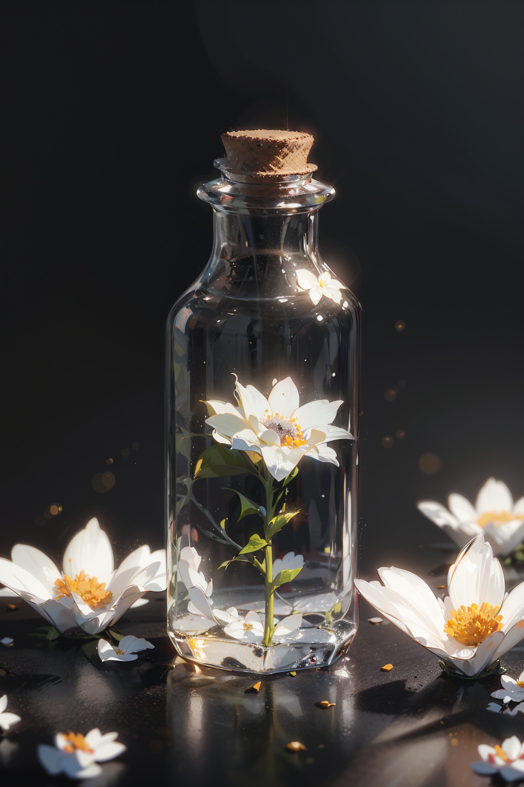 masterpiece,best quality,(ray tracing,cinematic lighting),glass bottle,close-up,white flower,blurry background,grey background,blurry foreground,simple background