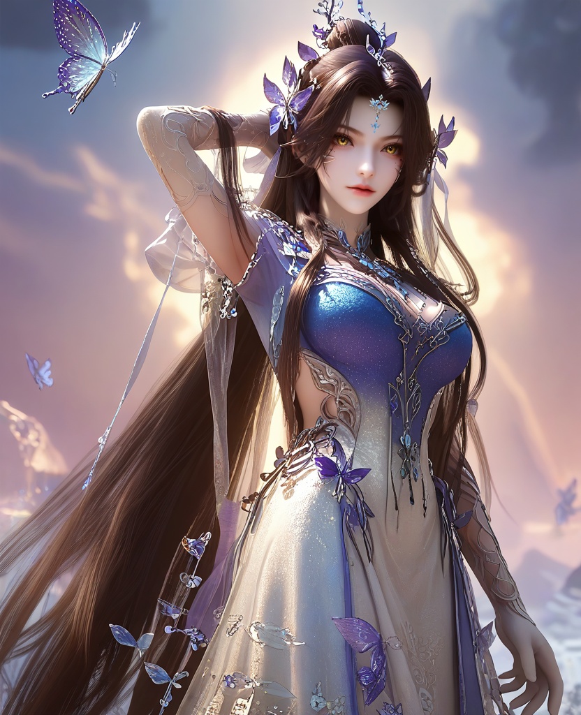 (arm up:1.1),(large breasts:1.2),<lora:XL16云深不知梦羲和四象归一:0.95>,miss xihe,blue-violet to white ombre gown,yellow eyes,forehead pendan,black hair,traditional chinese updo with long front strands,absurdly long hair,hair ornament,jewelry,elbow gloves,butterfly embellishments,crystal gown hemline,, score_9,score_8_up,score_7_up,score_6_up,score_5_up,score_4_up,3d rendering,tag1,tag2, Cinematic Lighting,backlighting,