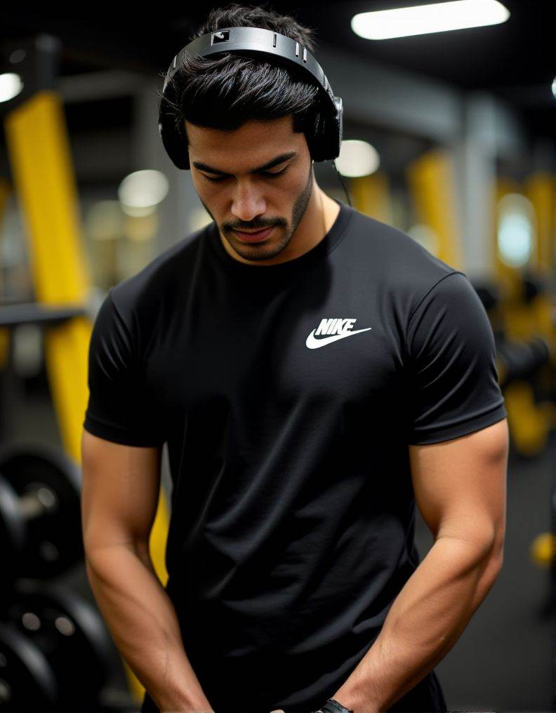 Harman Singha ,  A detailed low-angle image. in exceptional quality. He is in a gym with a predominance of black and a lit...