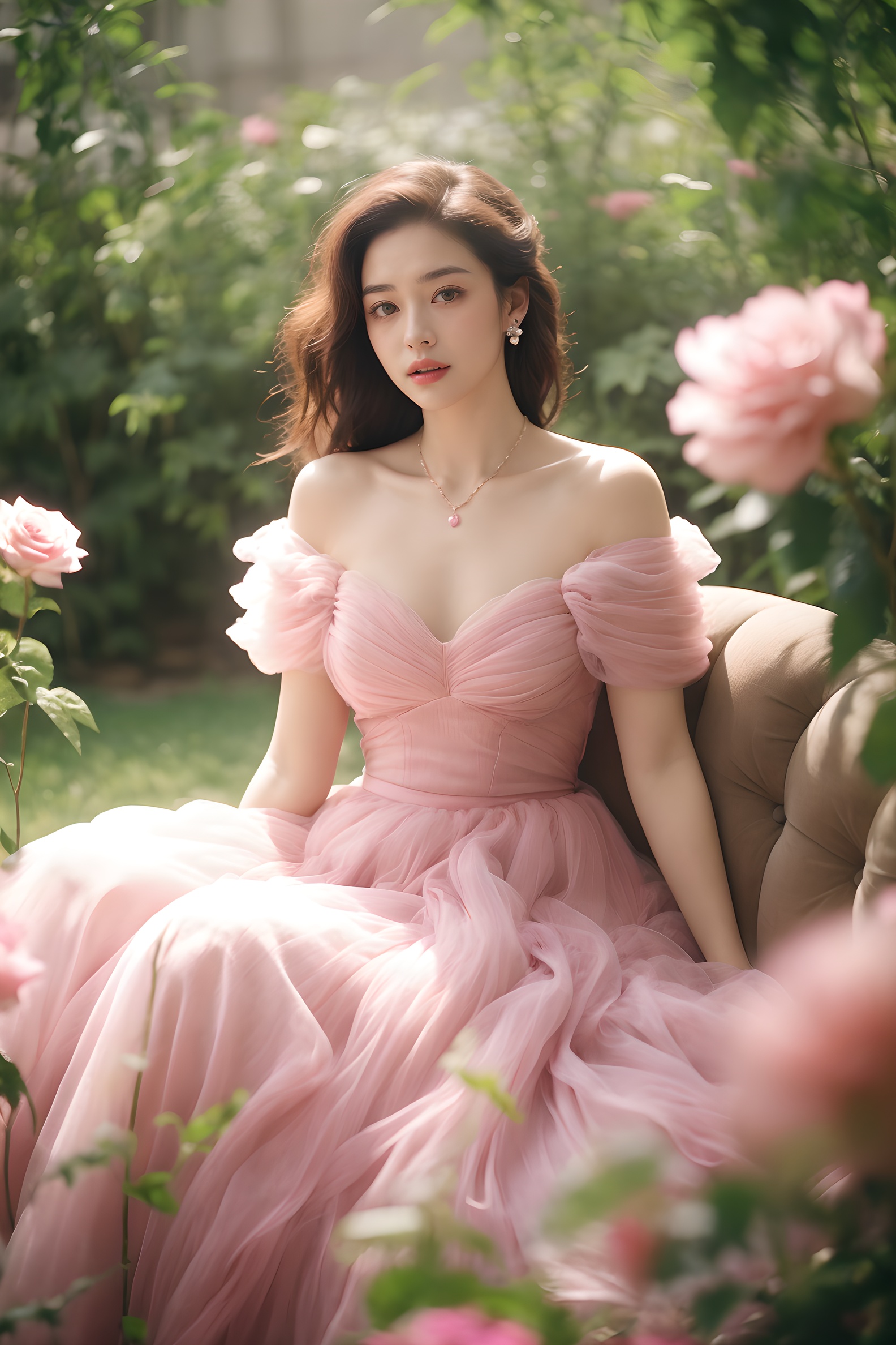 1girl, dress, flower, solo, brown hair, pink dress, sitting, rose, plant, long hair, blurry, bare shoulders, pink flower, jewelry, pink rose, necklace, depth of field, off-shoulder dress, parted lips, off shoulder, breasts, looking at viewer, collarbone, lips, vines, strapless, princess, strapless dress, blurry foreground, full body, earrings , <lora:wlqc_20230821082603:0.7>