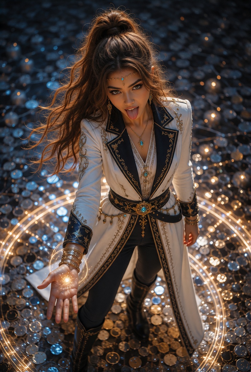 NalaX,  long warm brown hair styled in a high ponytail,  with thick cascading waves and loose strands framing her face. A...
