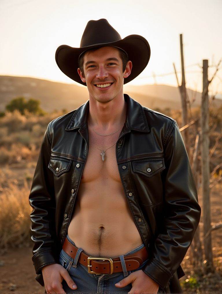 Callum Turner ,  near a fence in dry yard. wearing a cowboy hat and a belt. penis. testicles. hostility in his expression....
