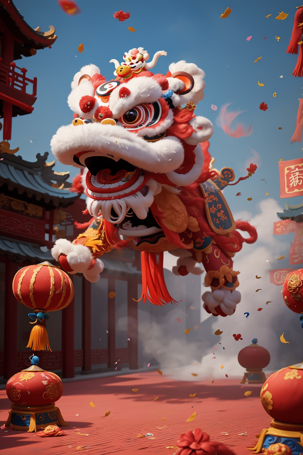 Chinese lion dance,solo,confetti,colorful,outdoors,no humans,full body,blurry,day,wind,<lora:xingshi-000008:0.6>,festive atmosphere,, masterpiece, best quality,