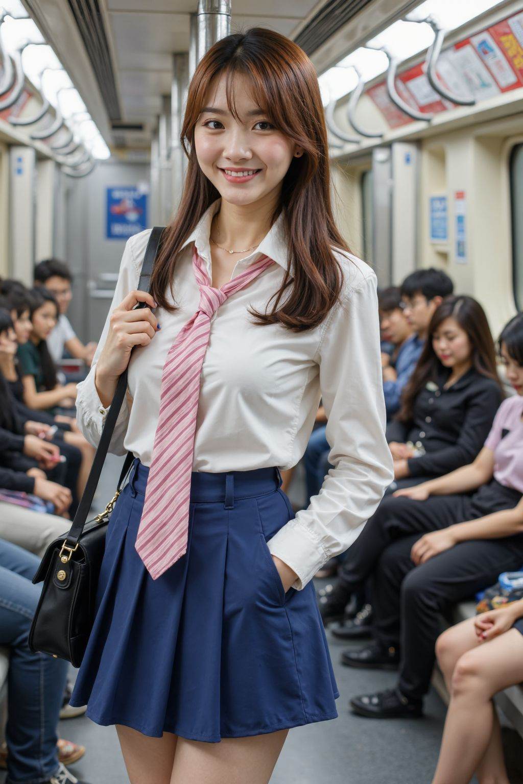 The image is a high-resolution photograph,A photograph of an girl with fair skin,standing on a subway train. She has straight long hair,and wears a white blouse,pink and white striped tie,and a blue short pleated skirt. She was carrying a black shoulder bag,with a confident expression and a smile on her face. Other passengers are seated in the background. The subway car has metal poles and advertisements on the walls.