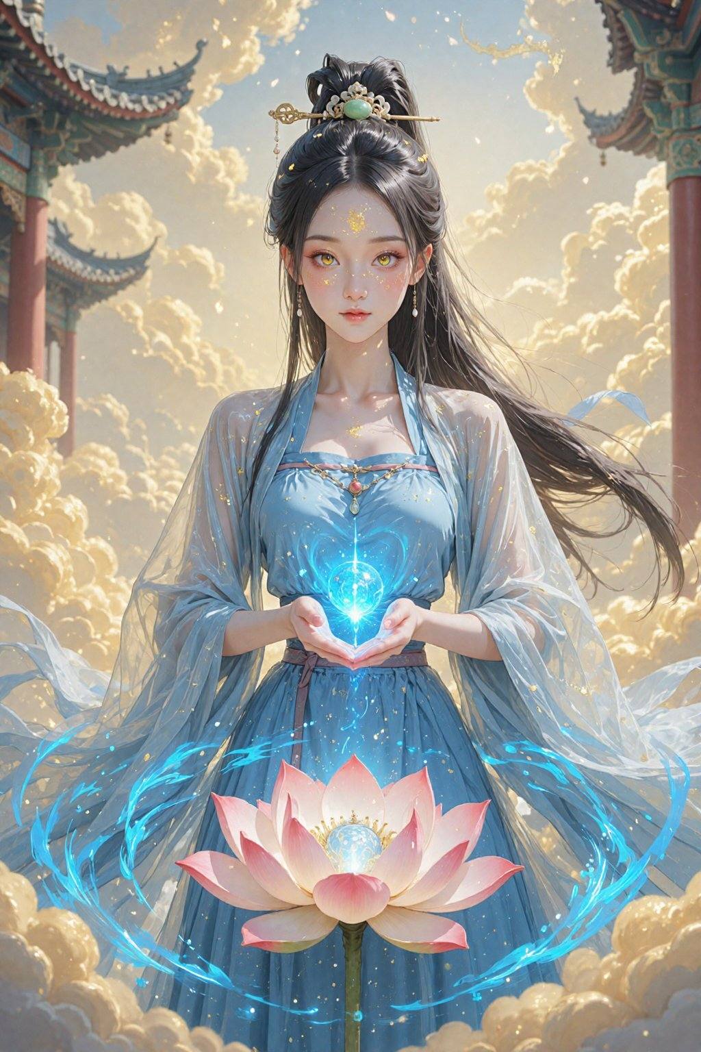 画面宁静祥和,  一位二十五六岁的亚洲年轻女子,  一头乌黑长发优雅地盘成传统发髻 on Tensor.Art