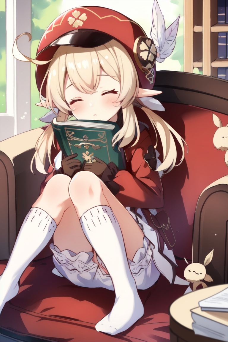 ((HRD, HUD, 8K)),((masterpiece, best quality)), highly detailed,Klee, 1girl, klee (genshin impact), red headwear, sleeping, hat, solo, closed eyes, socks, pointy ears, gloves, bangs, ahoge, no shoes, red dress, brown gloves, dress, blonde hair, twintails, long sleeves, knees up, cabbie hat, hair between eyes, couch, kneehighs, object hug, low twintails, white socks, hat feather, bloomers, blurry, underwear, chair, full body, long hair, depth of field, sitting, jumpy dumpty, book, zzz,  <lora:20240702-1719916281946:0.8>