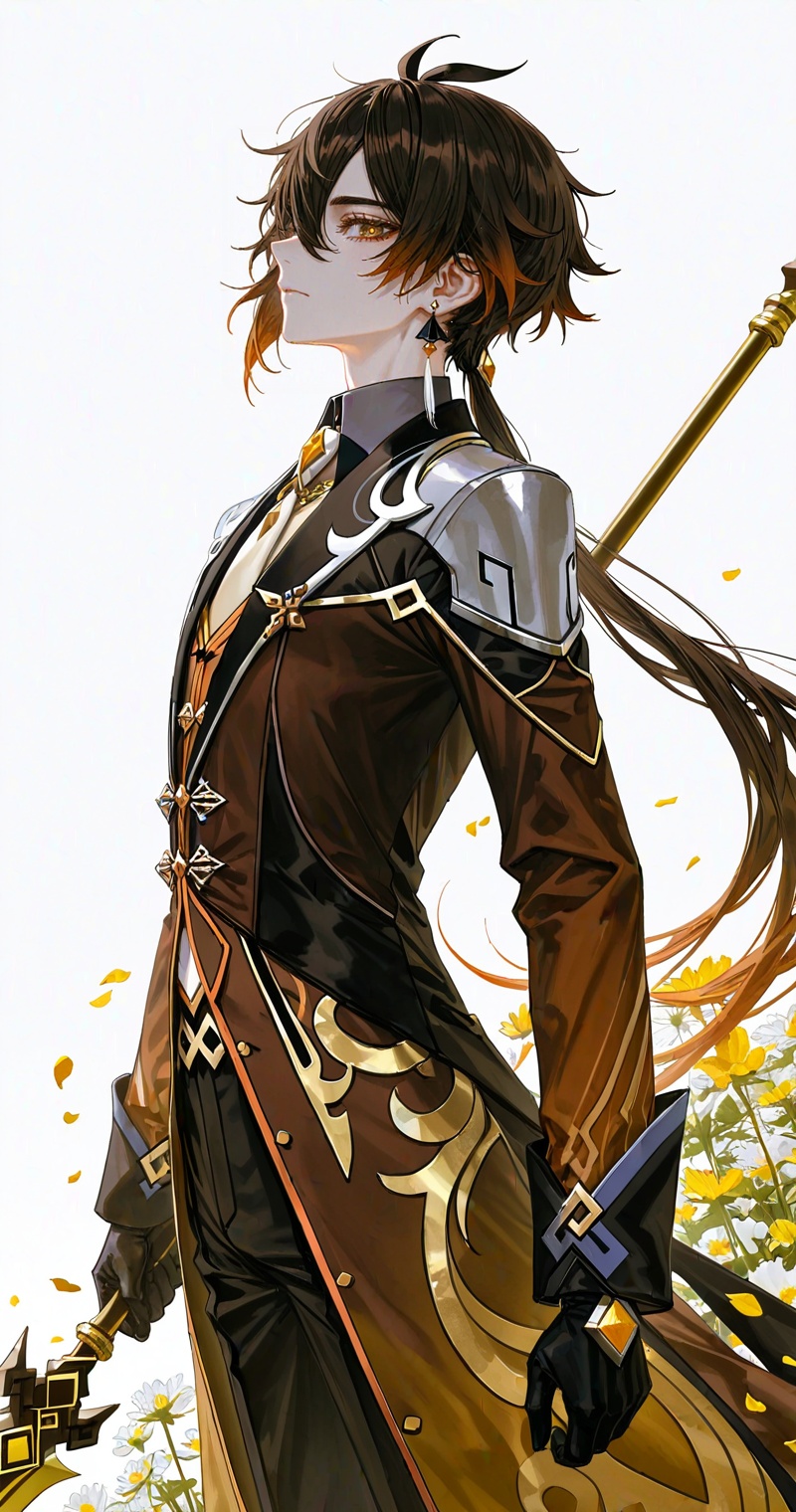Zhongli\(genshin impact\),1boy,Side profile character,brown hair,solo,the Black suit,tie,(Western-style clothes:1.4),White theme,(white background:1.4),(Holding a Brown yellow long spear weapon:1.8),Brown yellow eyes,(Brown yellow pupils:1.2),solo,jewelry,looking at viewer,petals,closed mouth,many white flower,Metal petal decoration,(golden petals:1.3),Simple background,Her eyes gleamed with a Brown yellow light,close-up details,outstanding style,adding a touch of dimension to your images without compromising details,whirls of vapor,iridescent textures,(Anime:1.1),ethereal ambiance,delicate details,magical high-concept,32K UHD,sharp focus,best-quality,masterpiece,golden hour,unconventional supreme masterpiece,masterful details,temperate atmosphere,with a high-end texture,in the style of fashion photography,photography,cover,dynamic angle,dynamic posture,(artist:quasarcake:0.8),extreme aesthetic,(wlop:0.6),(honjou raita, lack, rella:0.5, wanke),masterpiece,best quality,good quality,very aesthetic,absurdres,visual impact,a shot with tension,ultra-high resolution,32K UHD,sharp focus,best-quality,masterpiece,emotionalization,unconventional supreme masterpiece,masterful details,temperate atmosphere,with a high-end texture,in the style of fashion photography,(visual impact:1.2),giving the poster a dynamic and visually striking appearance,impactful picture,official art,colorful,splash of color,movie perspective,masterpiece,best quality,amazing quality,very aesthetic,absurdres,best quality,newest,