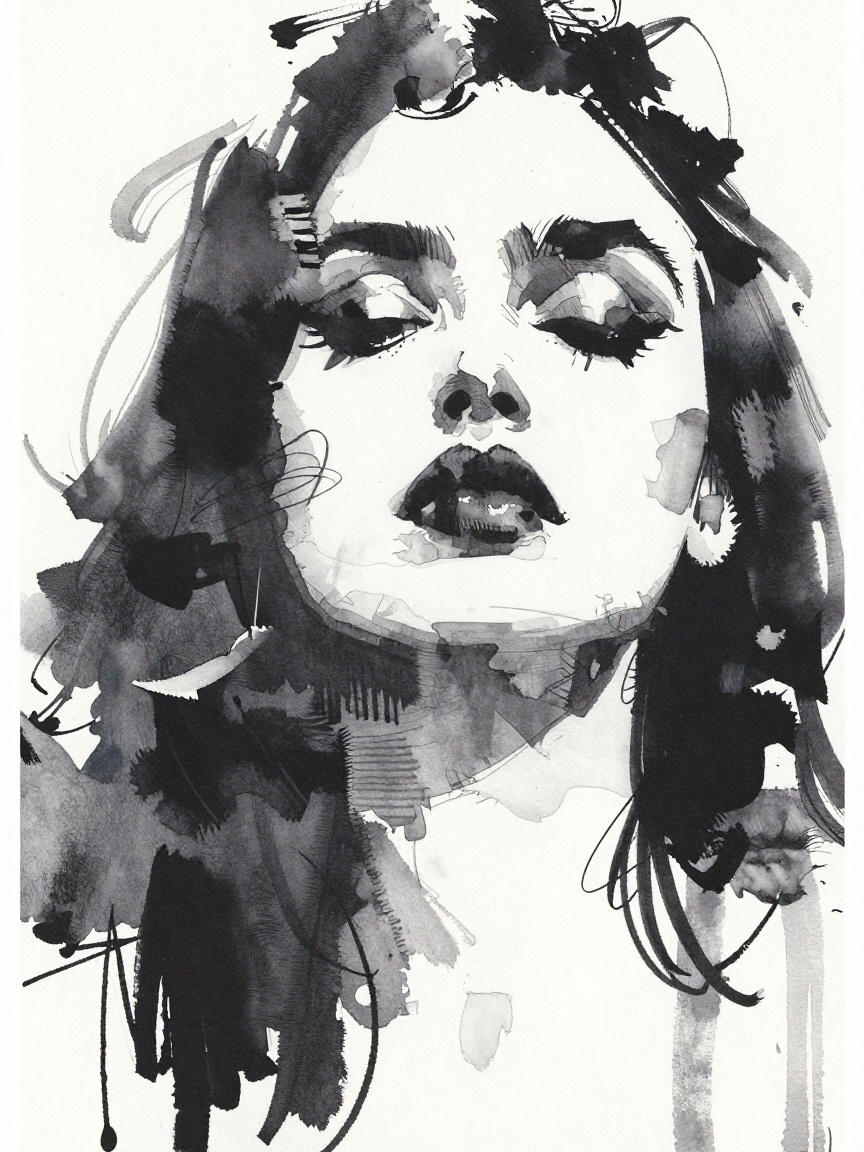 Kaljedef art style: A striking black-and-white watercolor portrait of a woman's face rendered in expressive,  fluid stroke...