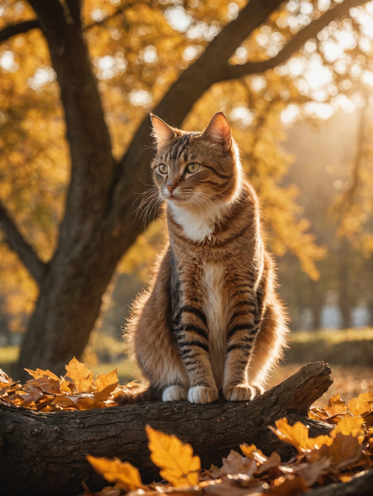 photo of a Cat poised gracefully atop an ancient oak tree,  autumn leaves fluttering around,  golden hour casting long sha...