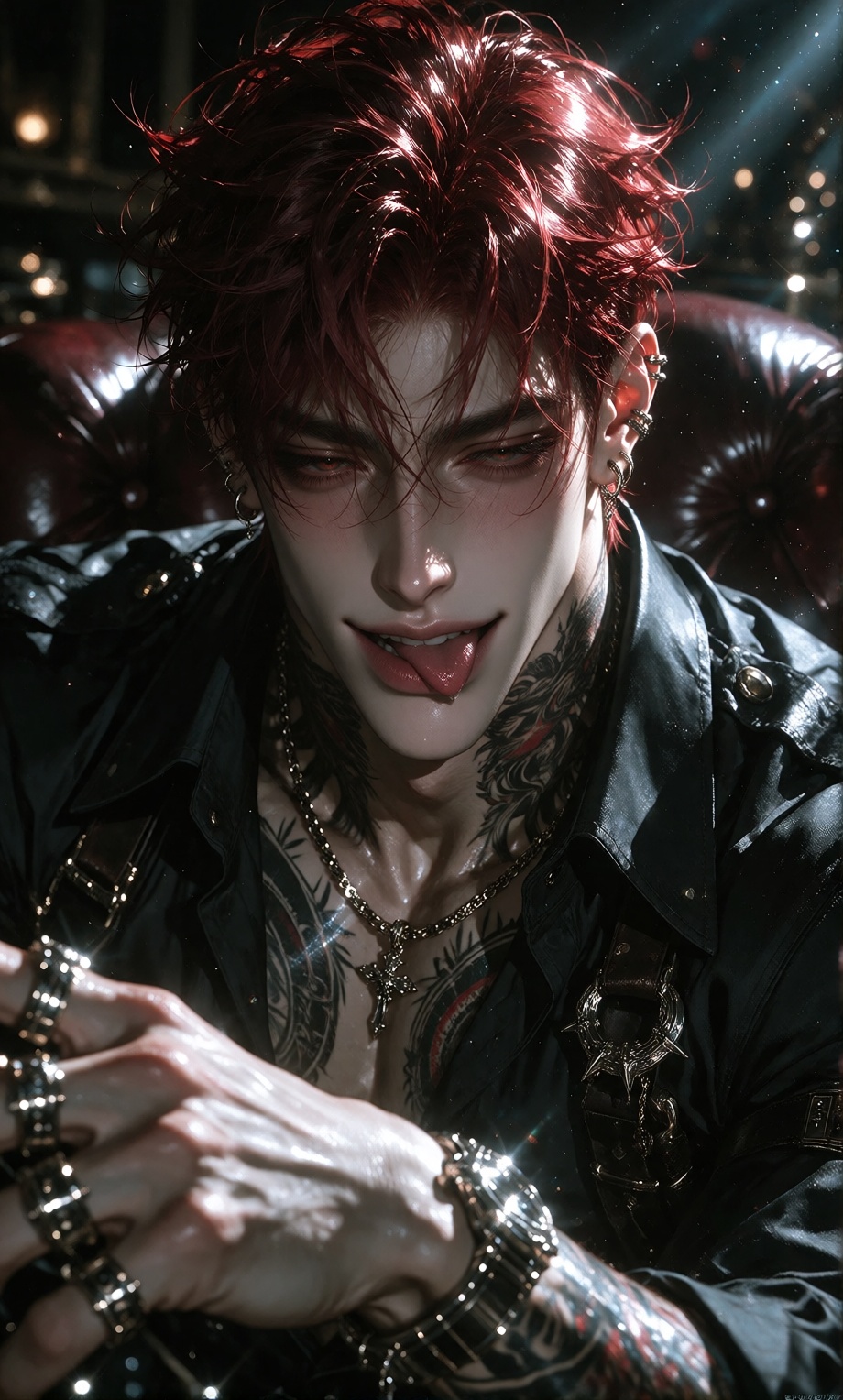 A breathtakingly handsome ***** man with vivid,  fiery red hair styled in tousled,  voluminous waves gazes directly toward...