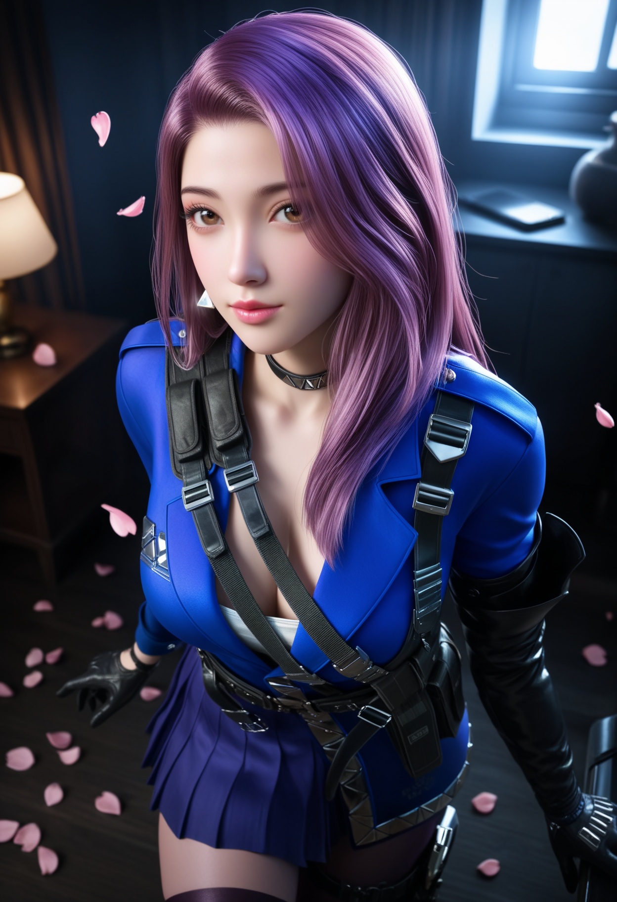 masterpiece,best quality,amazing quality,very aesthetic,high resolution,ultra-detailed,absurdres,scenery,photorealistic,(looking at viewer:1.1),upper body,(Dark room:1.3),(moody lighting:1.1),peach blossom,falling petals,(large breasts:0.8),yunyouyou,1girl,solo,long hair,gloves,pink hair,choker,belt,black gloves,jewelry,earrings,brown eyes,thighhighs,jacket,skirt,holster,blue jacket,purple hair,single thighhigh,high heels BREAK photorealistic details,close-up,<lora:QQSillyunyouyoubwV1:0.9>,