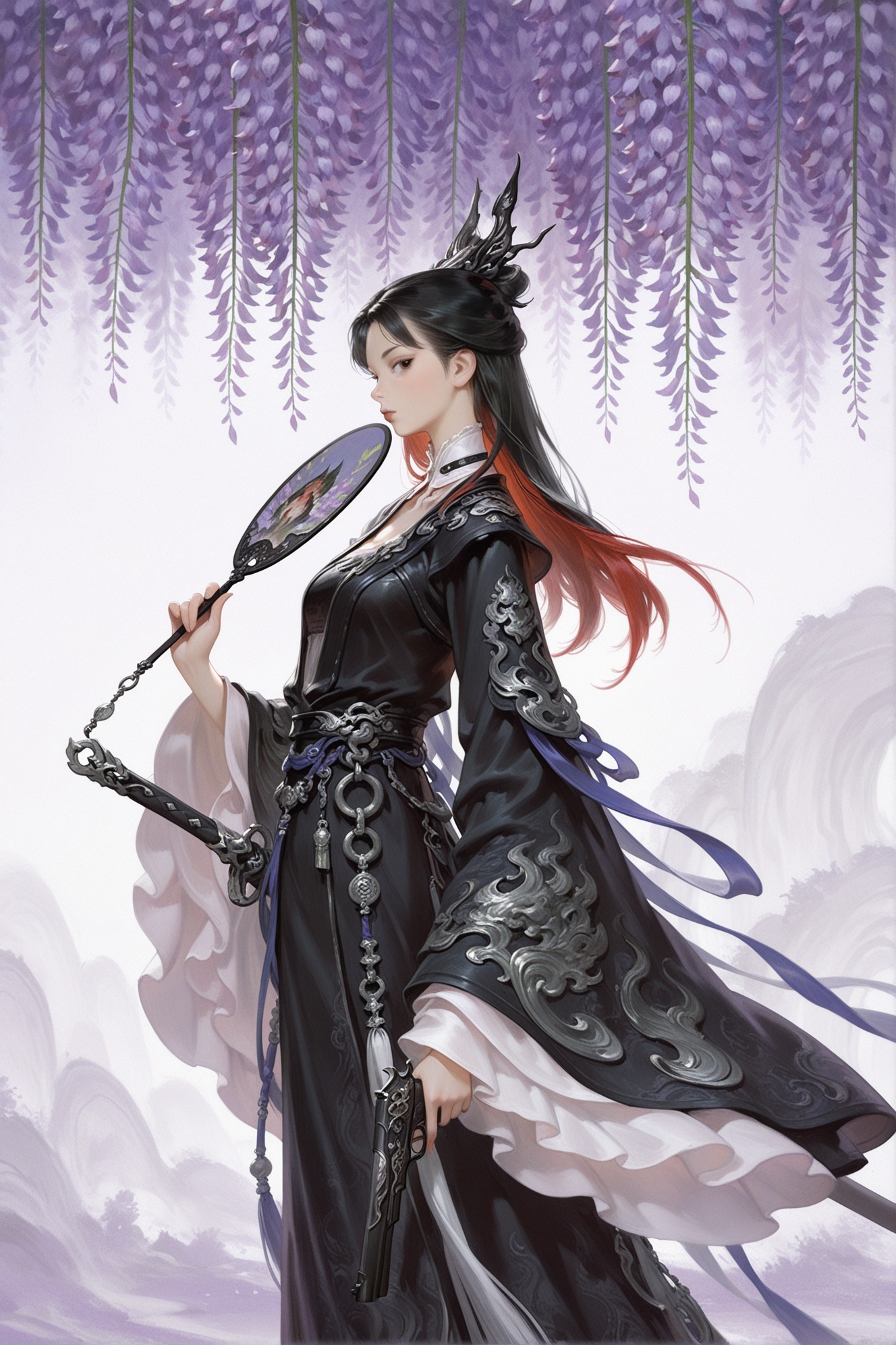 asian inspire,asian inspire,1girl,female focus,black hair,long hair,solo,hand fan,long sleeves,holding,wisteria,chinese clothes,standing,white background,expressionless,looking at viewer,artistic style,fantasy,gothic,anime,purple background,sword,long black coat,red hair,white collar,sword,handgun,side profile view,realistic art,intense,mysterious and dramatic,