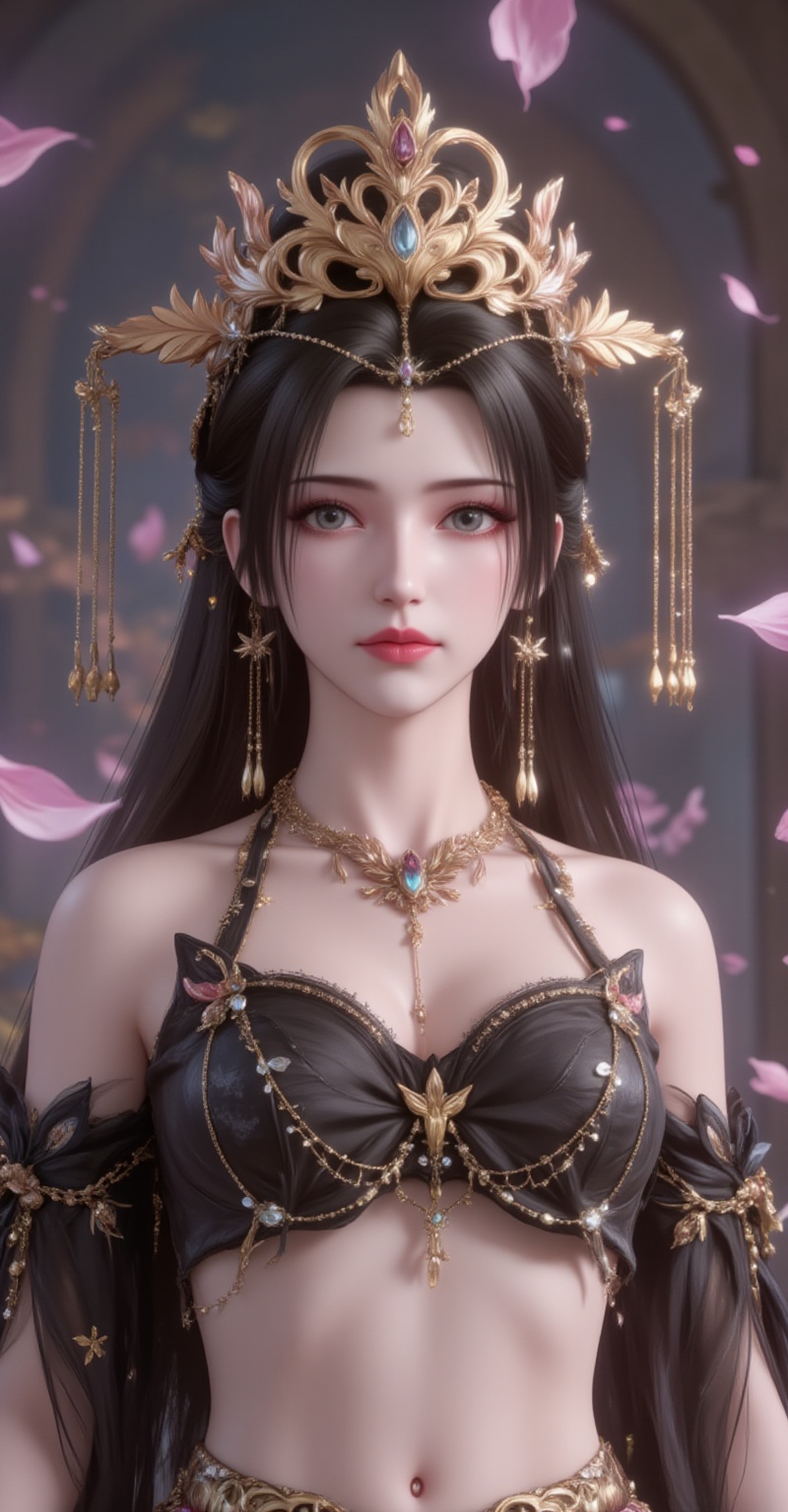 <lora:李慕婉·衣服百搭款6:1.1>,limuwan,black hair,long hair,grey eyes,jewelry,earrings,crown,phoenix_crown,1girl,solo,jewelry,navel,necklace,bracelet,midriff,blurry background,breasts,bare shoulders,blurry,detached sleeves,cover,gradient background,close-up details,outstanding style,adding a touch of dimension to your images without compromising details,close-up,<lora:DJ滤镜_2.5D版:0.3>,lvjing,<lora:油画唯美滤镜15:0.2>,baoshi,<lora:蝴蝶汉服·人物百搭款6:1.1>,fuzhuang,
