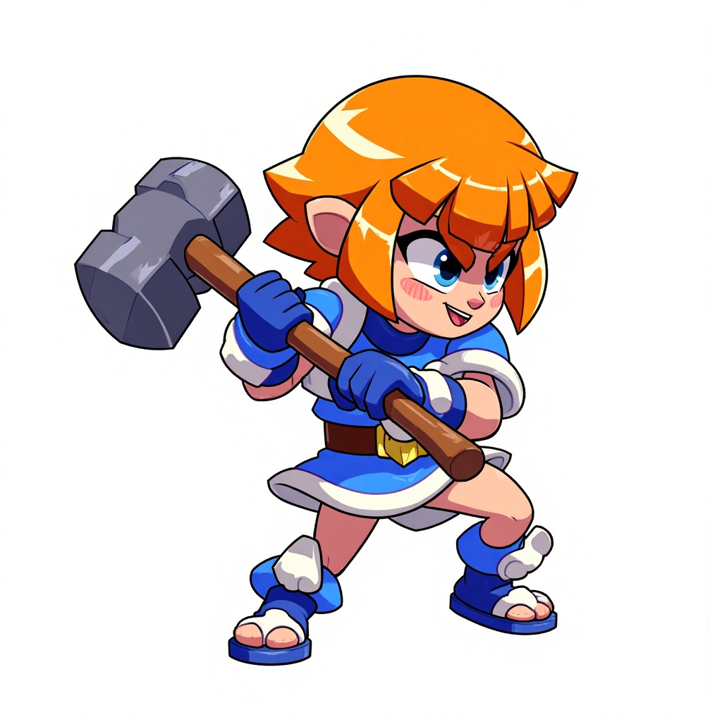OMQJ,With her short orange hair and a focused and determined expression,she seemed to be ready to go into battle. She was dressed in blue combat attire,including a blue top and skirt,with blue wristbands and white decorated boots. The overall shape was both dynamic and practical. She clasped a huge hammer with both hands. The metal texture of the hammer was strong and it was very powerful. The character presents a forward-leaning fighting posture,