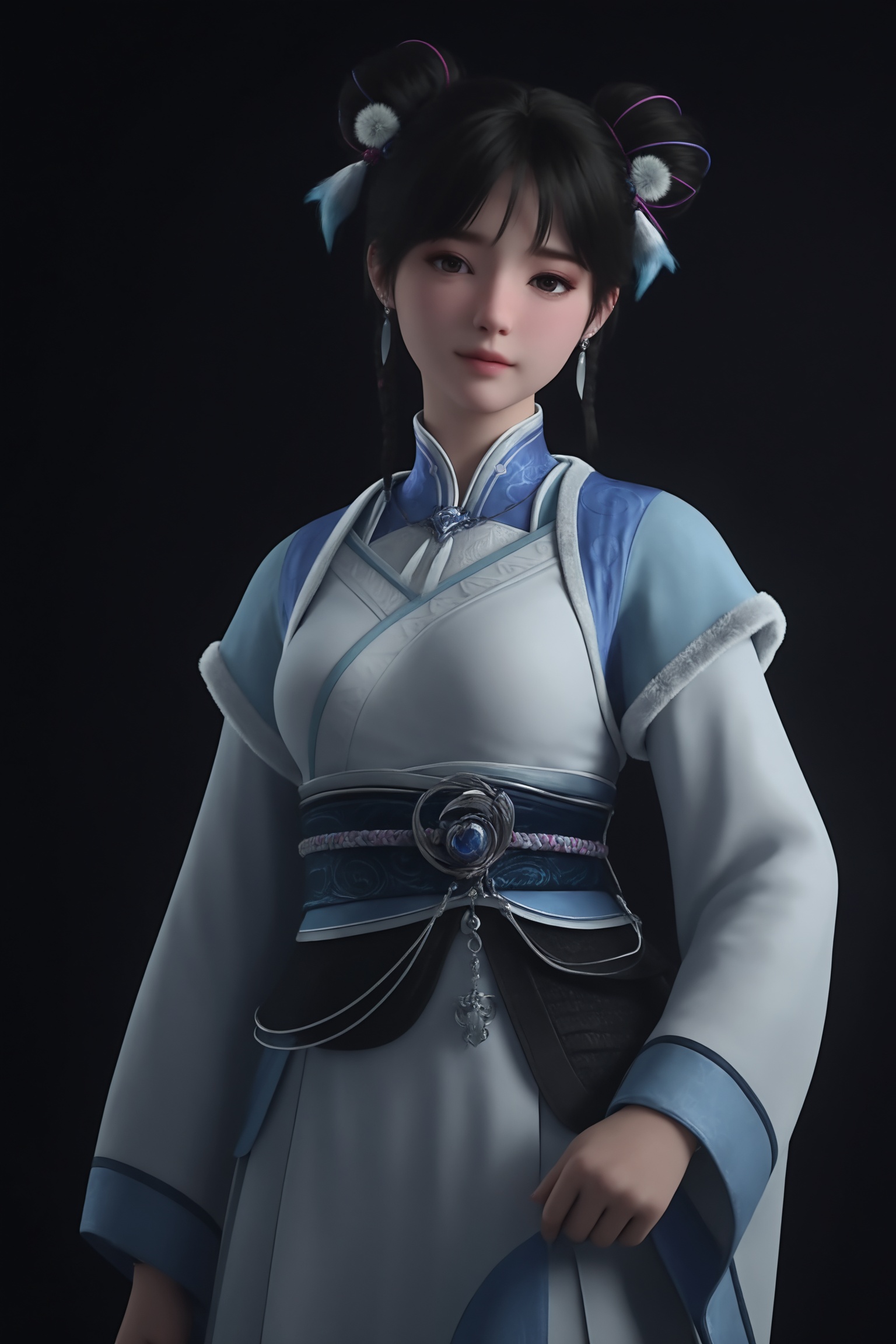 breasts,black background,simple background,photorealistic,1girl,beautiful_detailed_eyes,masterpiece,best quality,cinematic lighting,ethereal,standing,looking at viewer,<lora:神国之上-宁小龄IL:0.7>,1girl,dark hair,two high,intricately braided buns,white and pink hairpins,traditional East Asian outfit,white robe with blue and gold embroidery and a blue sash.long sleeves,black,textured belt,