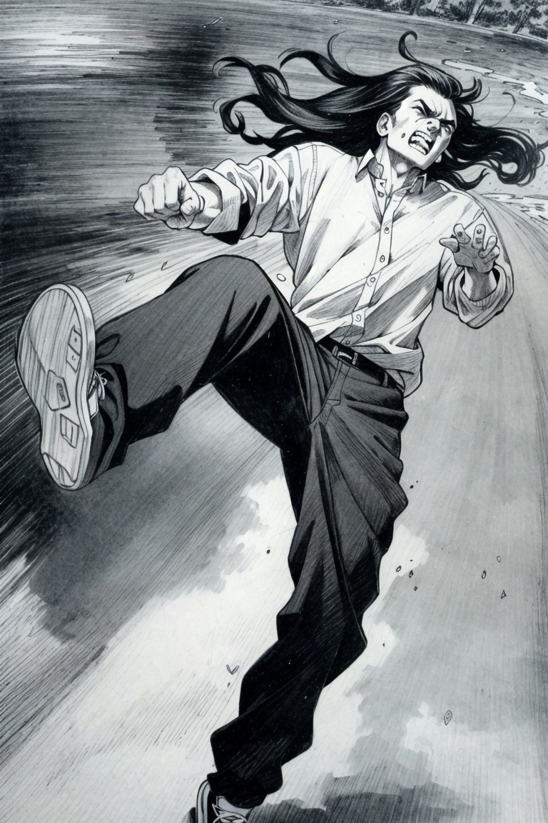 ((HRD, HUD, 8K)),((masterpiece, best quality)), highly detailed,Fight, monochrome, 1boy, greyscale, male focus, solo, hatching (texture), ponytail, motion lines, traditional media, long hair, pants, teeth, shirt, blank eyes, outdoors, kicking, sleeves rolled up, motion blur, <lora:20240514-1715656820714:0.8>
