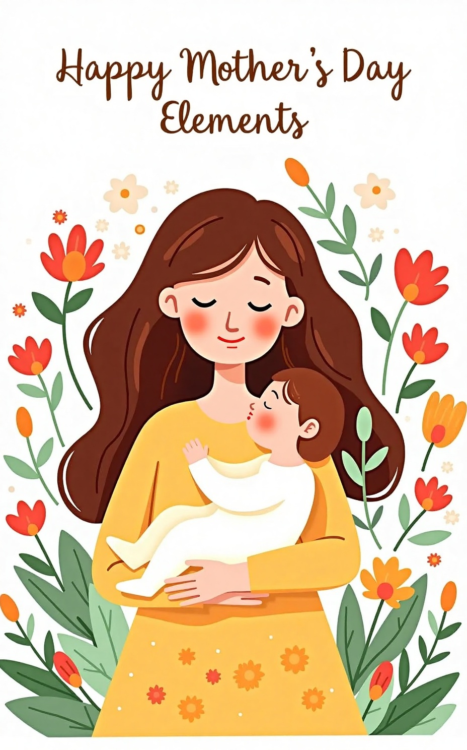 Mother's Day illustration elements, A digital illustration in a whimsical, pastel style depicts a serene mother with long brown hair, wearing a yellow dress, cradling a sleeping baby in a white onesie. They are surrounded by vibrant, colorful flowers and greenery. The background is white with "Mother's Day" written at the top. 