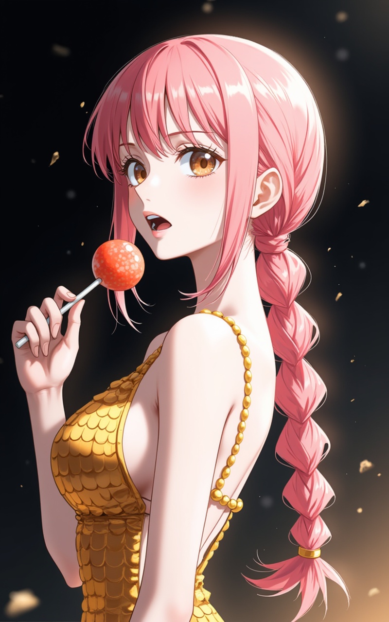 <lora:蕾贝卡8:0.9>Rebecca one piece,Rebecca\(one piece\),pink hair,brown eyes,1girl,solo,lollipop,candy,food,braided ponytail,braid,breasts,looking at viewer,holding candy,open mouth,sideboob,long hair,holding lollipop,holding,holding food,upper body,bangs,from side,dress,medium breasts,bare shoulders,teeth,orange eyes,sidelocks,pink hair,upper teeth only,backlight,black_background,