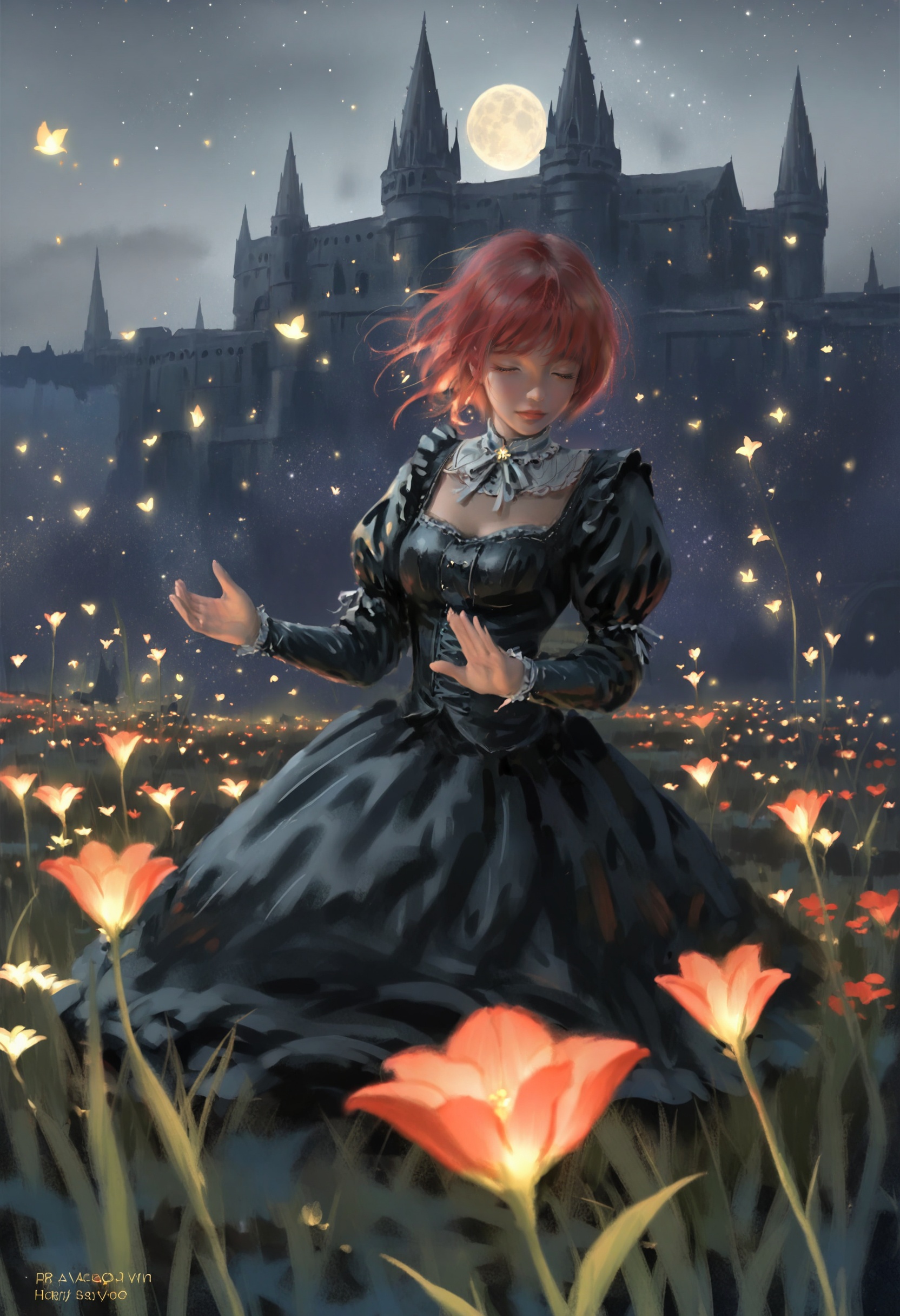 masterpiece, best quality,1girl,   realistic, solo, latex, red hair, 1011ta, scenery, night, star, (sky:1.1), (sky:1.1), starry sky, night sky, praying, gothic 1011ta, star \(sky\), traditional media, castle, outstretched hand, moonlight flower, retro artstyle, flying fish, red flower, 1980s \(style\), dress, black dress, flower, outdoors, medium hair, on grass, closed eyes, gold <lora:wlopXLlokr4f-000187:0.95>