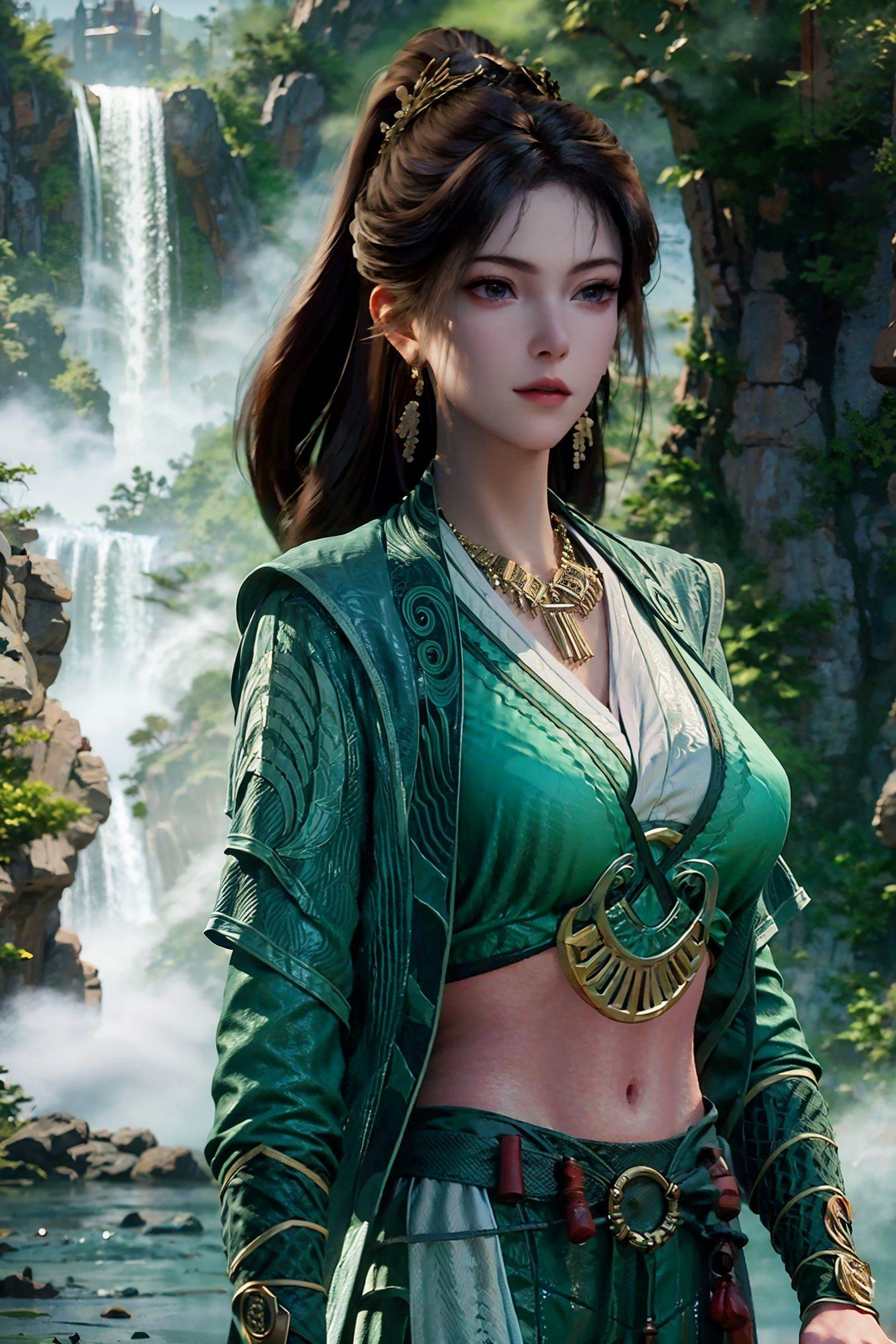 A woman, in front of a waterfall, wearing a bikini<lora:幕佩灵:1>
