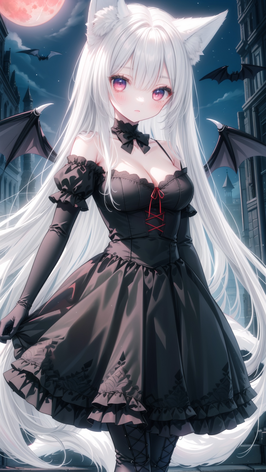 (masterpiece),best quality,highres,stunning art,beautifully painted,colorful,soft lighting,(rim  light:1.2),fantasy,,outdoors,at night,red moon,(old castle),against window,standing,dancing,hypnosis,dark persona,mind_control,solo,1girl,,vampire,wings,(bat_wings),white fox tail,(white fox ears:1.2),(black rose:0.8),long hair,white hair,Oil brighten hair,(finely detailed eyes and detailed face:1.3),deep red eyes,expressionless,medium breasts,cleavage,long waist,gothic_lolita,frilled dress,(clothes red lace-up:1.4),(lace-up clothes from bust to skirt),black skirt,off shoulder,black elbow gloves,black thighhighs,feet,high heels