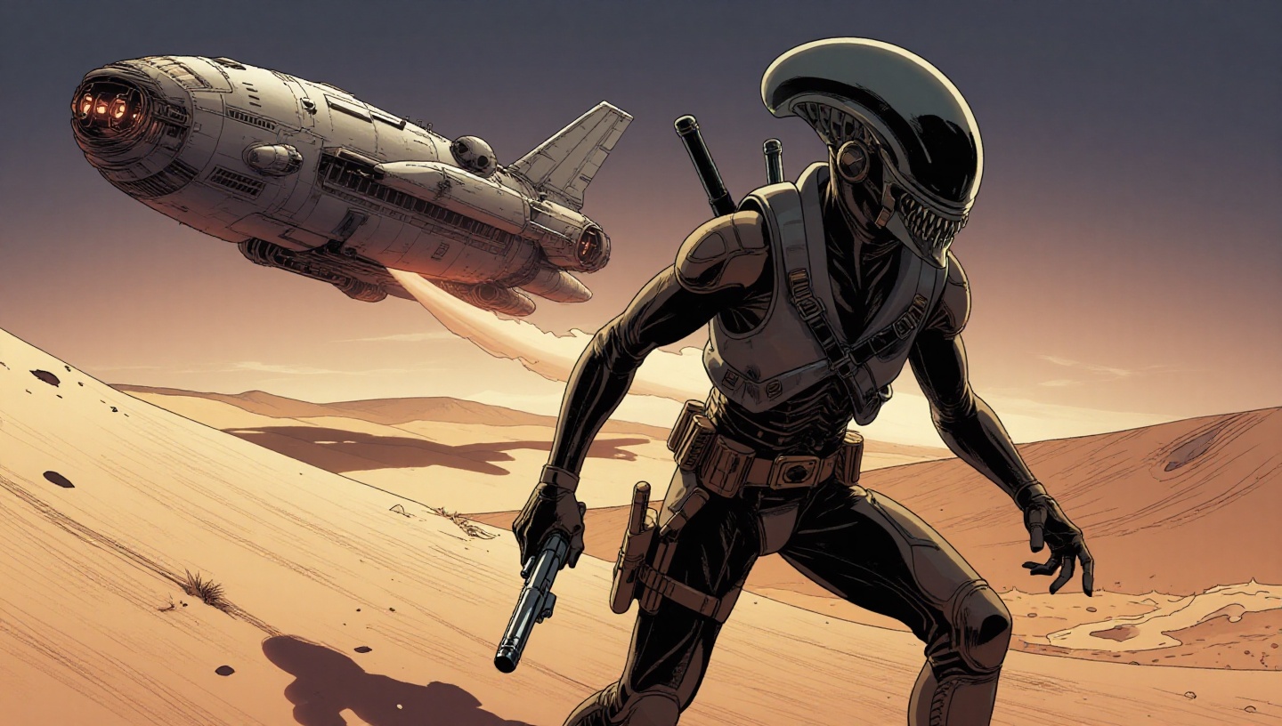 (comic book page),  Alien bounty hunter landing on desert planet,  ship in background on Tensor.Art