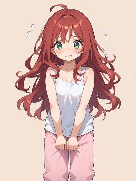 score_9, score_8_up, score_7_up,source_anime,BREAKhappy, girl, white **** top, pajama pants, red hair, shy girl, simple art style, shy and nervous looking, long hair, diffrent poses.