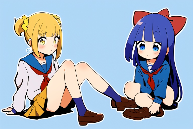 Popuko,pipimi,popuko,brown footwear,school uniform,hair bow,hair scrunchie,yellow eyes,skirt,serafuku,hair ornament,shoes,simple background,blue eyes,blue hair,bangs,shirt,holding,neckerchief,long hair,red bow,sitting,blunt bangs,socks,yellow scrunchie,white outline,yellow hair,long_dress,<lora:pozi (3):0.7>,