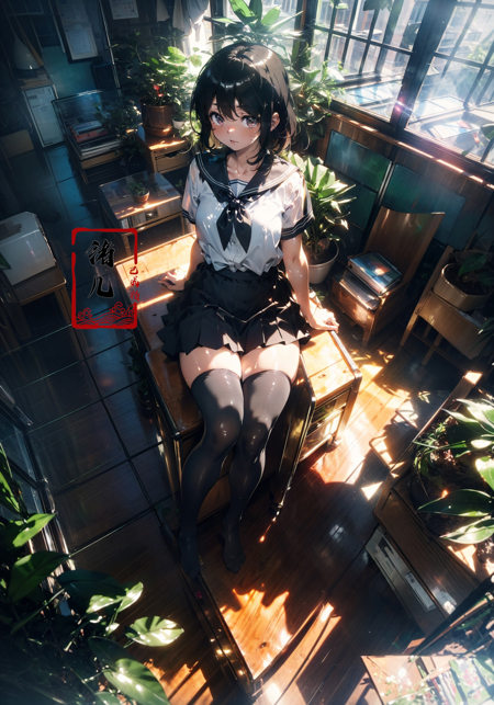 Epic CG masterpiece, an anime girl in a room with plants, no shoes, Black transparent pantyhose, pleated skirt, Sailor suit, sailor collar, in the style of photorealistic urban scenes, applecore, sandalpunk, high-angle, vacation dadcore, solarizing master1girl,  Milky skin, (shiny skin:1.4)，silk stockings，<lora:绪儿-阳光少女window:0.8>