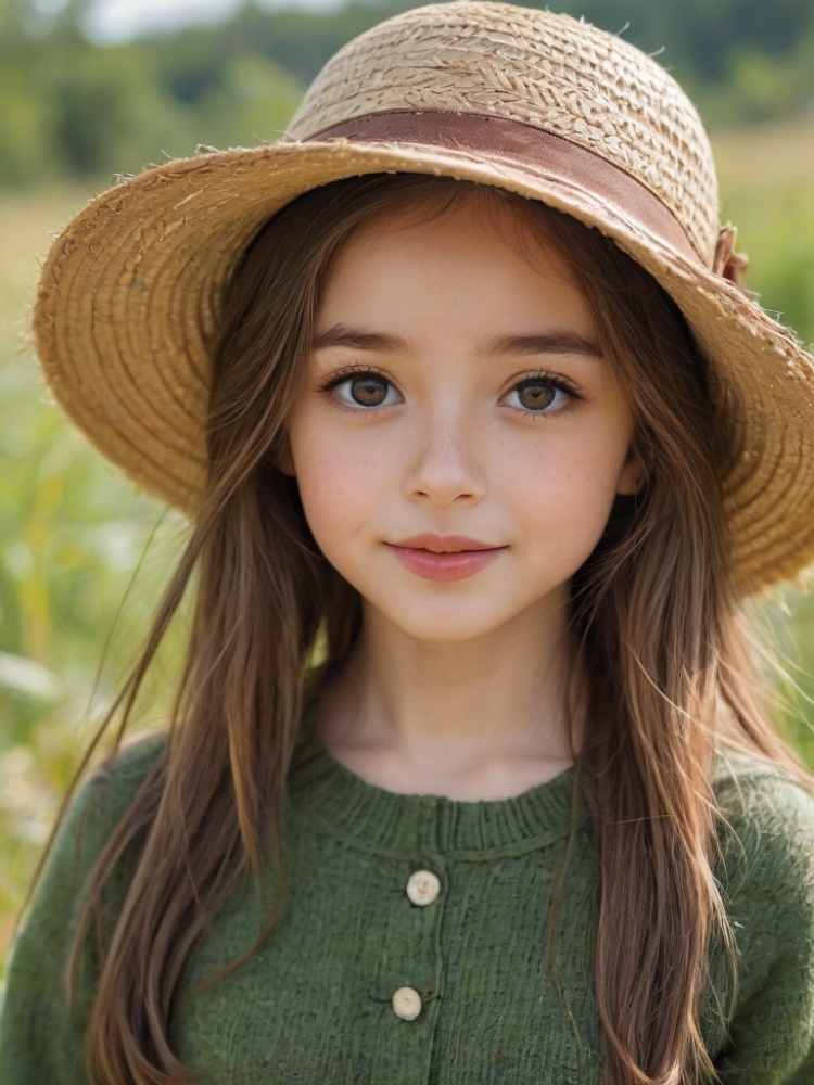 A beautiful and lovely little girl with long hair, highest image quality, exquisite picture, Tyndall effect, big eyes, long eyelashes, green sweater skirt, (with straw hat on head) (with straw hat on head), perfect facial features, clear face, delicate lips, smile, clean and beautiful background, gentle light, red mainly, simplified:: brown hair