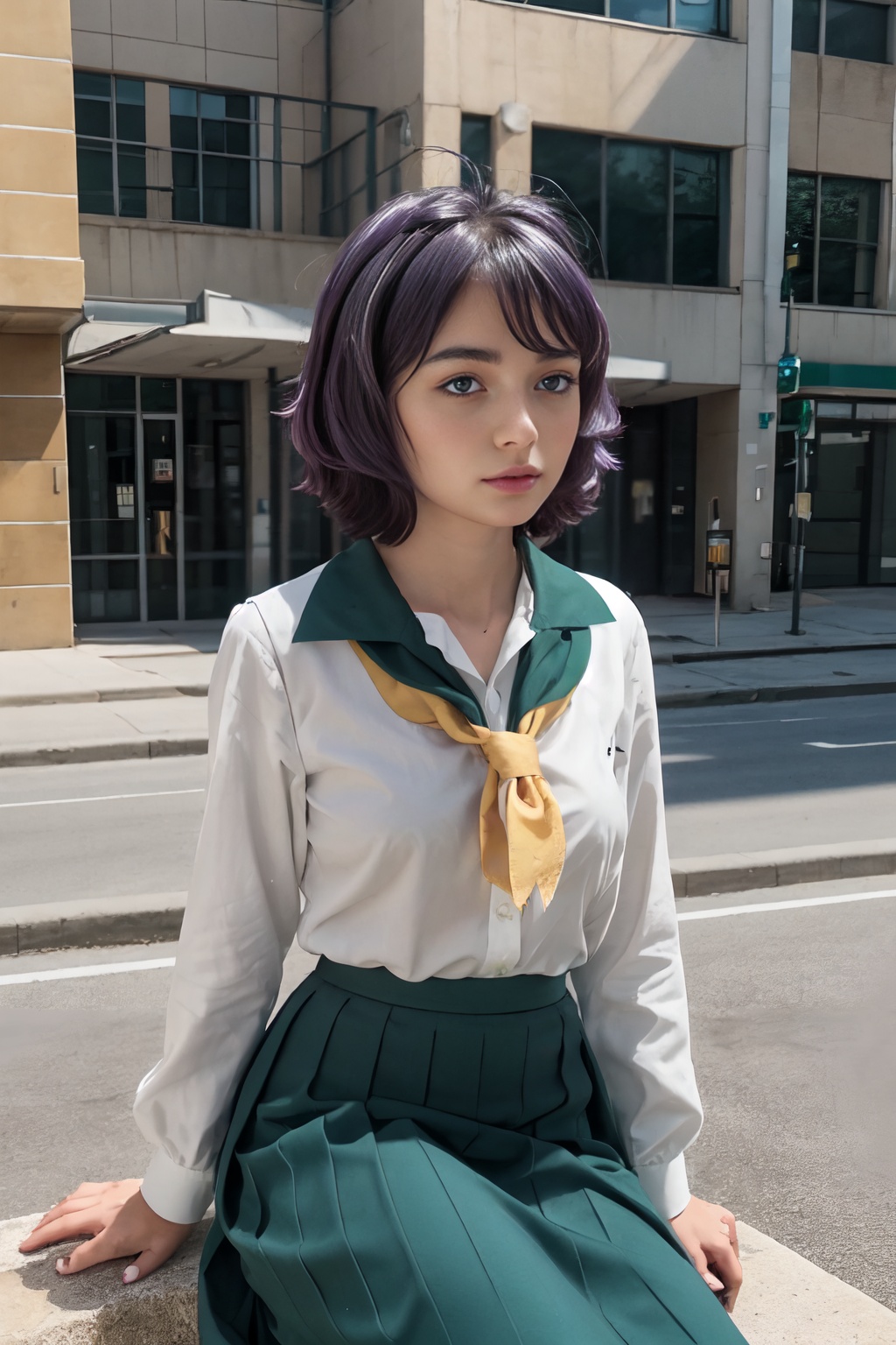 realistic skin,  HDR,  beautiful 20 year old girl sitting on the sidewalk with a wicked look on her face on Tensor.Art