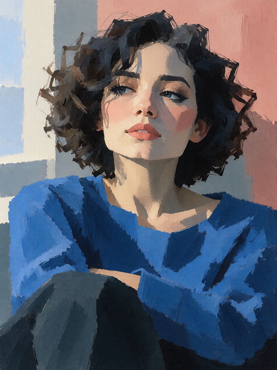 A close-up portrait of a young woman with dark curly hair wearing a vivid cobalt-blue sweater,  seated against a warm peac...