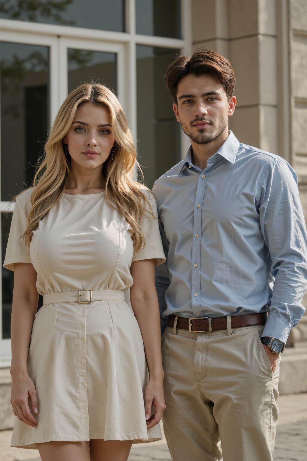 HDR photo of cinematic film still this is a young couple outdoors. The woman with long blonde hair,wears a light boatneck dress and skirt. The man with short dark hair,is in a shirt and pants. Looking at viewer, Standing in front of the building,
