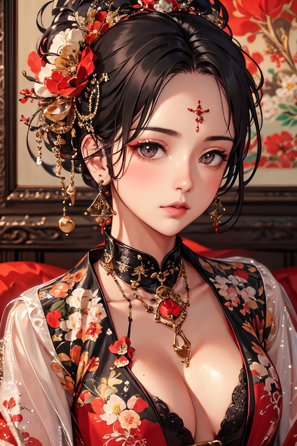 nvwang,1girl,solo,looking at viewer,black hair,hair ornament,jewelry,closed mouth,upper body,earrings,hair flower,kanzashi,updo,<lora:nvwangZ_20240112094332-000008:0.8>,, (high quality), best quality, (4k), 8k, super detailed, (full detail), (masterpiece), (realistic), super detailed,(Exquisite details) ,intricate,