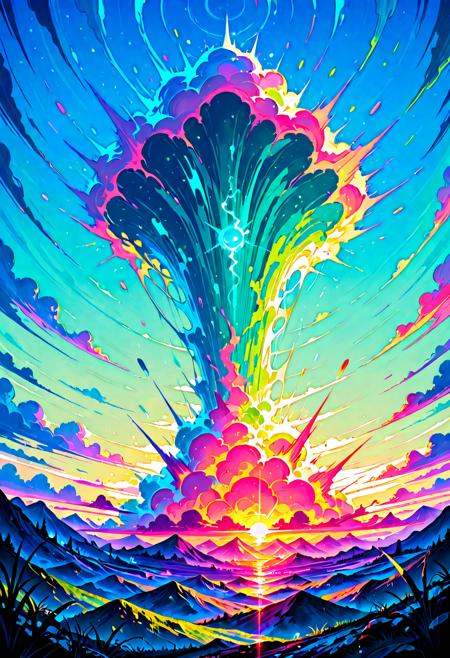 color splash, Green,Blue,pink  nuclear explosion, fantasy landscape background, sunrise,