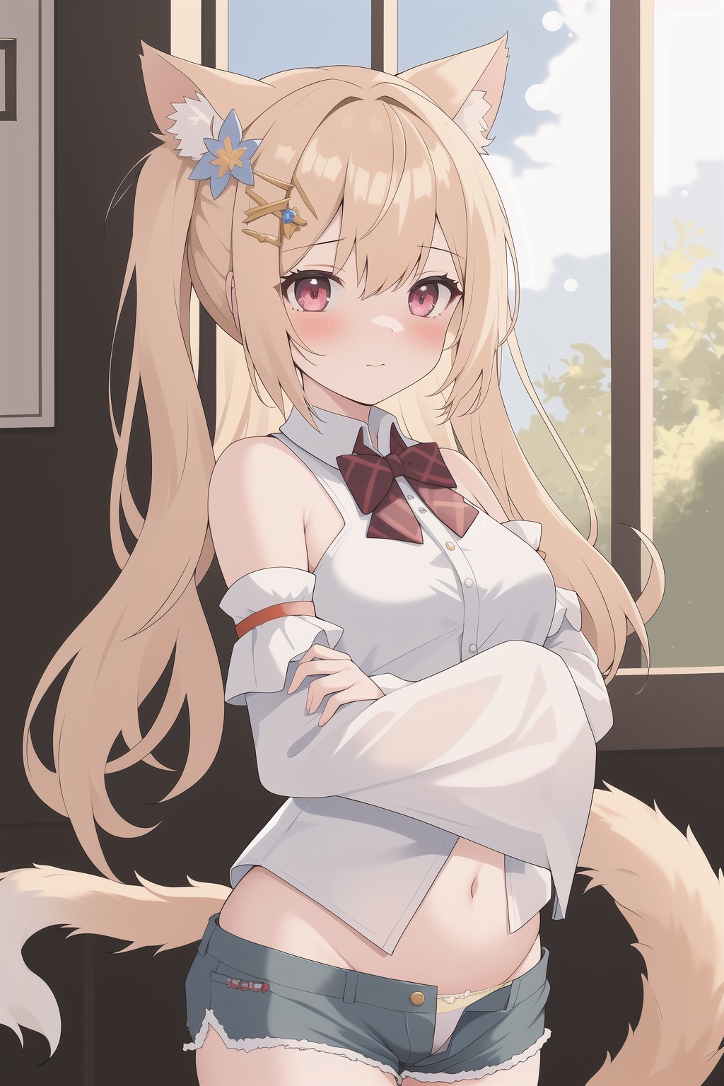 masterpiece,best quality,1girl,upper body,highres,absurdres,lens flare,tail,panties,shorts,detached sleeves,bare shoulders,hair ornament,bowtie,blush,