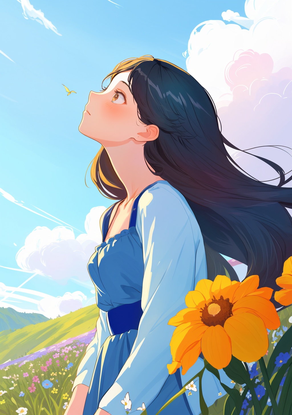 (masterpiece, top quality, best quality, beautiful and aesthetic) Far Angle,A girl,black hair,long hair,wearing a blue dress,looked up at the sky on the hillside full of flowers,blue sky and white clouds,colorful flowers,the wind blew the girl's long hair,she closed their comfort to picture,the light is warm.,