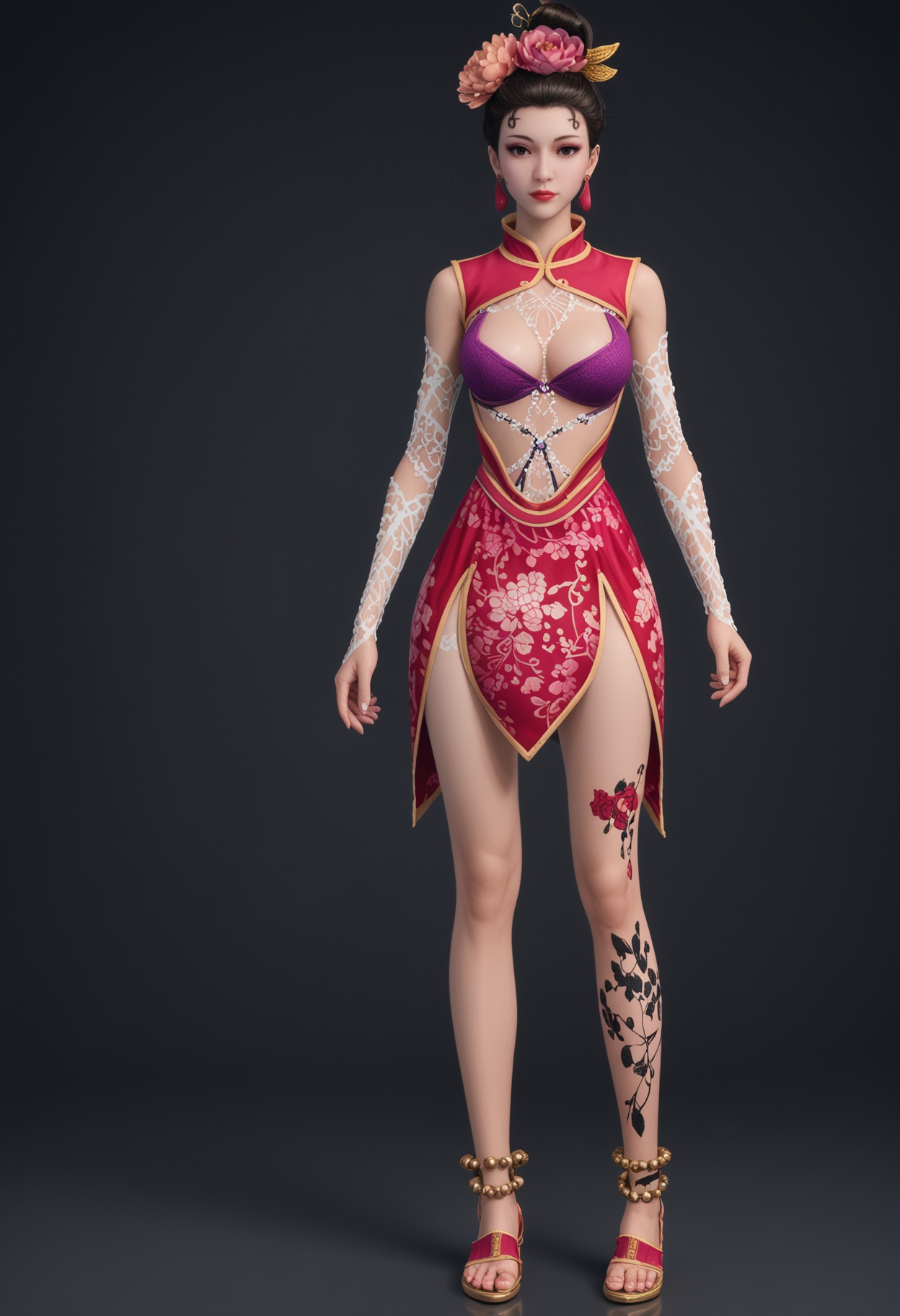 (standing full_body:1.1),score_9,score_8_up,masterpiece,(best quality),intricate details,1girl,facing viewer,(looking at viewer:1.1),<lora:YQ_pony_fanyintian_V4:0.9:lbw=1,1,1,1,1,1,1,1,1,0.8,0.8,0.1>,q1528437228,1girl,solo,black hair,hair ornament,jewelry,chinese clothes,hair flower,earrings,dress,bra,lipstick,underwear,short hair,tattoo,black eyes,eyeshadow,china dress,hair bun,anklet,gloves,brown eyes,brown hair,sleeveless,lingerie,leg tattoo,BREAKscore_9,score_8_up,masterpiece,(best quality),perfect anatomy,(hourglass),perfect face,(simple background,pure black background,black background:1.1),fair_skin,shiny_skin,Ivory_skin,