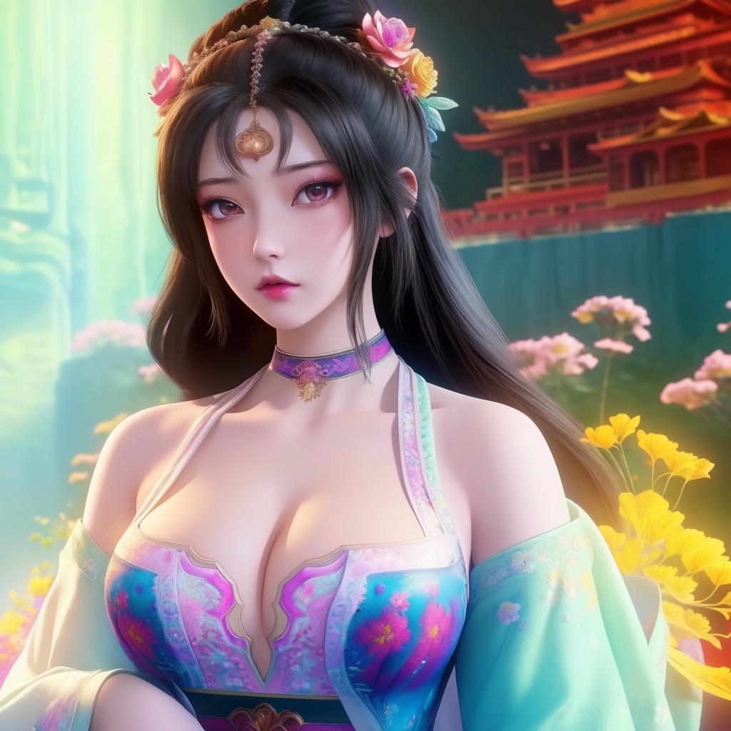 <lora:763-DA-仙逆-墨云:0.8>, (,1girl, ,best quality, ),looking at viewer,,anime,(masterpiece, top quality, best quality, official art, beautiful and aesthetic:1.2), (1girl)	, , (cleavage),, extreme detailed,(fractal art:1.3),colorful, flowers ,highest detailed,()    (cleavage),,  (),