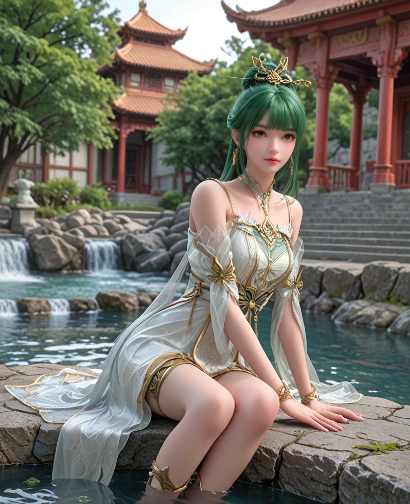 (oriental architecture, elegant decor, sophisticated style:1.1),Sitting on a dock, feet in the water, watching the sunset with awe,,(breasts:1.2),<lora:XL完美世界天人族姐妹花P2:0.9>,younger sister,white dress,bare shoulders,green hair,hair ornament,anklet,bangs,hair bun,, zPDXL2, score_9, score_8_up, score_7_up BREAK realistic, masterpiece,best quality, highly detailed,, zPDXL3, zPDXL2,zPDXL, zPDXLxxx, zPDXLrl,