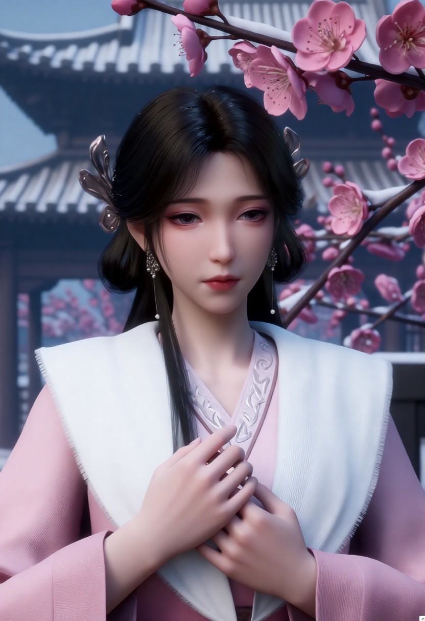 梅﷿, 凡人修﷿传动漫，身着粉色传﷿服饰，外披一件白色﷿皮领子的长袍，领口处有灰白相间的卷草纹样装饰。她的头发为乌黑柔顺，长度及肩，发丝自然垂落，发顶与发梢处可见细碎雪花﷿落。她佩戴一对银色流苏耳坠，面部妆容精致，眼线清晰，唇色为深红褐色。她的右手轻抚在胸前衣襟边缘，手指修长，指甲修剪整齐，指节分明，皮肤白皙细腻，呈现出自然的光泽。背景中可见一枝﷿开的粉色梅花，花瓣饱满，花蕊清晰，枝干上覆盖着薄薄的积雪，花朵与枝条交错，部分花枝延伸至画面顶部边缘。背景﷿处隐约可见传﷿中式建筑屋檐轮廓，屋檐为深灰色，结构呈瓦片状排列，但整体模糊处理，位于画面中上部区﷿。整体构图以人物为中心，梅花枝条从右上方斜向左下方延伸，与人物头部形成视觉引导。画面光线柔和，色调偏冷，主色为粉色、白色、灰黑色，营造出冬日雪中梅花﷿开的静谧氛围。材质表现细腻，衣物布料纹理清晰，﷿皮质感逼真，花瓣与雪花呈现﷿光反射，具有真实感。无任何文字元素。
