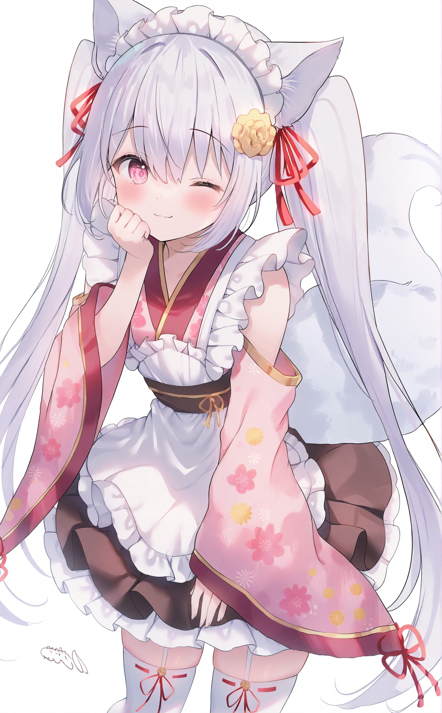 1girl, one eye closed, animal ears, tail, solo, maid headdress, thighhighs, long hair, twintails, fox tail, fox ears, fox girl, smile, apron, maid, detached sleeves, wa maid, white background, wide sleeves, very long hair, white thighhighs, ;), kimono, white apron, japanese clothes, pink footwear, looking at viewer, frills, frilled apron, long sleeves, simple background, hair ornament, hair between eyes, flower, pink kimono, skirt, garter straps, maid apron, blush, pink eyes, animal ear fluff, grey hair, white hair, floral print, hair flower, pink sleeves, ribbon, closed mouth, red ribbon, red eyes, black skirt, virtual youtuber, frilled skirt, print sleeves, signature, sleeves past wrists, ribbon-trimmed legwear, pleated skirt, ribbon trim, hand up, hair ribbon, bare shoulders, yellow flower, <lora:rucaco-000038:1>