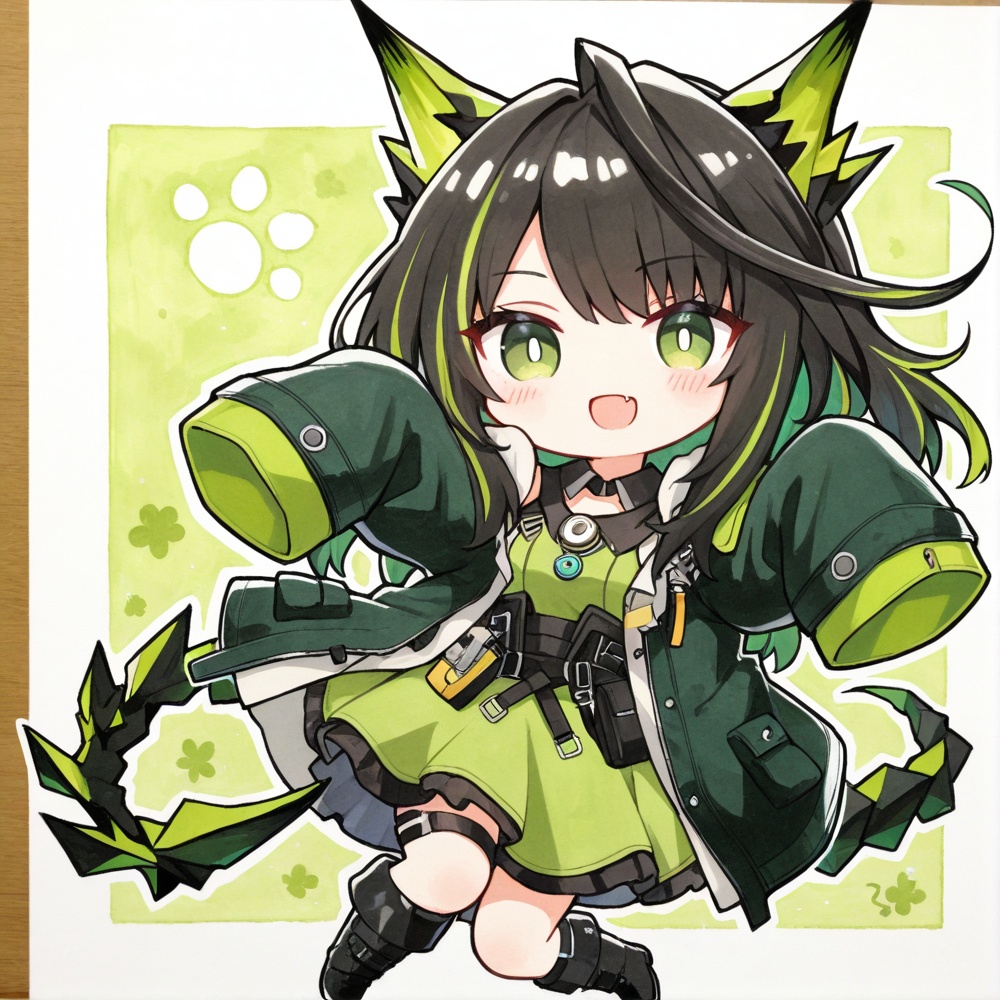 masterpiece, best quality, <lora:Mon3tr:0.8>,mon3tr \(arknights\), 1girl, sleeves past wrists, solo, green eyes, black footwear, chibi, fang, two-tone background, black hair, open clothes, jacket, boots, sleeves past fingers, multicolored hair, green hair, black jacket, :d, smile, animal ears, open jacket, green background, long sleeves, tail, full body, looking at viewer, green dress, dress, shirt, streaked hair, outline, white background, long hair, animal ear fluff, signature, green jacket, blush, open mouth, knee boots, traditional media ,