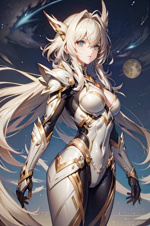 <lora:Hxarmour_00703:0.8>,, hxarmour,1girl,(white armour:1.3),Celestial Landscape Star,Lunar Crater,