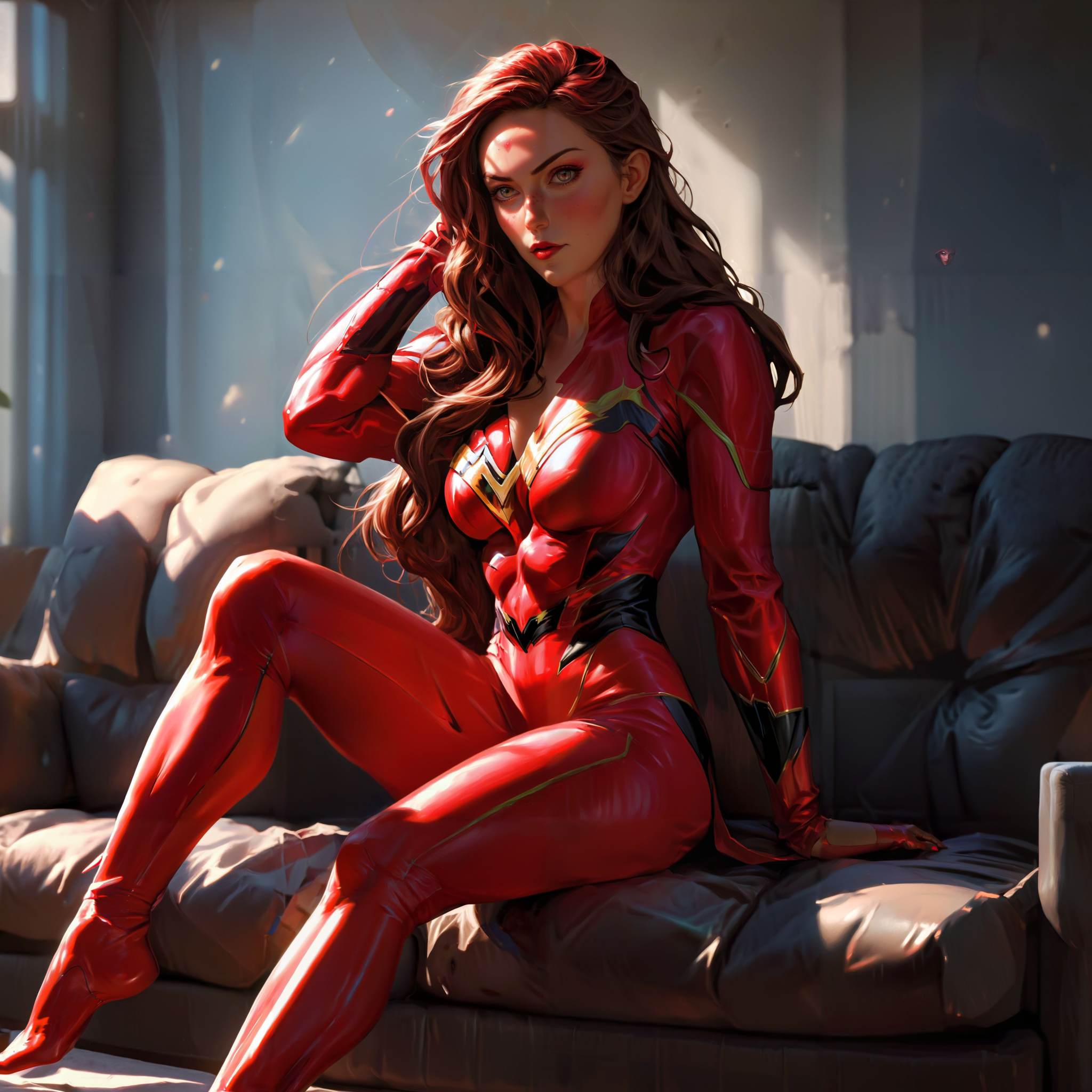Full body scarlet witch,  chilling on a couch,  inspired by Alessio Albi on Tensor.Art